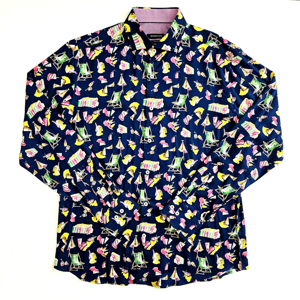 Bugatti Mens Large‎ Shaped Fit Long Sleeve Button Up Shirt Beach Drinks All Over